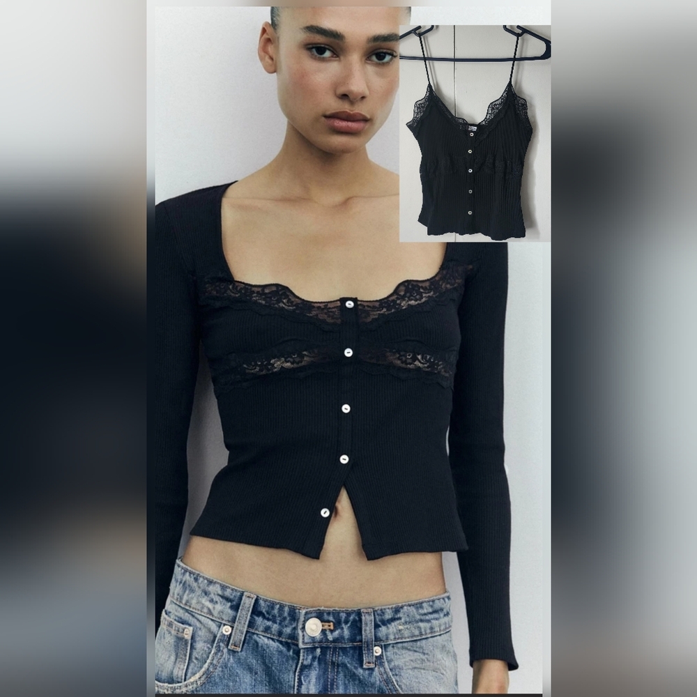 Zara Combination Lace Ribbed Top, L Plus M Tank
